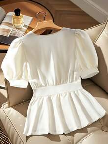 GlowEve CURVE Plus Size Women Pleated Bubble Short Sleeve Blouse - Beige - View 2