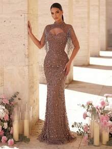 Glamrae Chân váy đuôi cá bằng vải lưới thêu đính sequin và tua rua sang trọng, thanh lịch, thích hợp cho đám cưới, tiệc tùng, ngày lễ, sự kiện trang trọng (trang trí cầu kỳ). - màu nâu - Xem 4