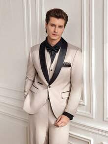 Officeau Men's 3pcs Beige Shawl Collar Luxury Suits, Blazer& Vest& Trousers, Tuxedos For Wedding/ Evening/ Prom/ Party - Beige - View 8