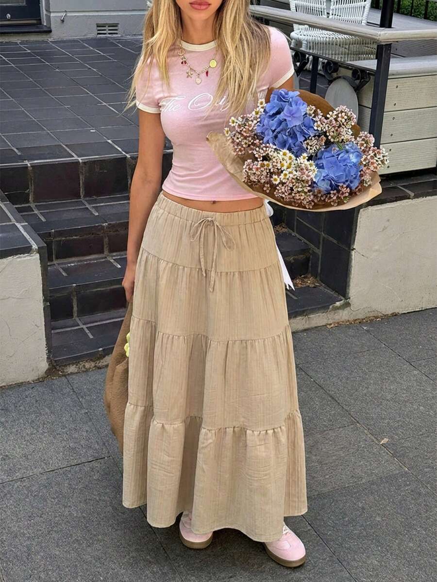 MainGRL Falda midi de línea A con textura y lazo en la cintura, unicolor caqui para mujer - Caqui - Ver 1