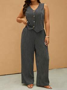 Elaquor 大码女式黑白条纹单排扣背心和裤子套装，夏季商务休闲女装，两件套女装，复古奢华风格女装。 - 黑與白 - 查看 2