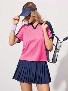 CourtClass CourtClass Women's Contrast Color Short Sleeve Tennis Shirt - Hot Pink - View 6