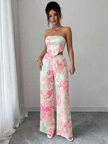 SHEIN Tall Bộ đồ 2 món gồm áo croptop buộc dây cổ và chân váy in họa tiết, thanh lịch và lãng mạn cho kỳ nghỉ. - Nhiều màu - Xem 4