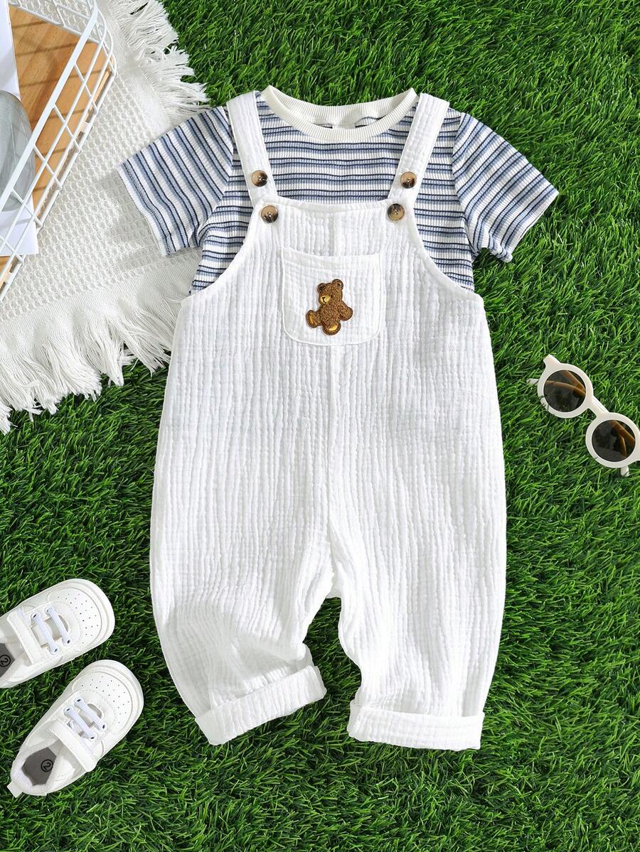 SHEIN 新生男宝宝可爱夏季度假休闲百搭米色卡通熊图案背带裤 - 彩色 - 查看 1