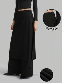 SHEIN X Scot Louie Ontre 2026春夏斯德哥尔摩风格，女教师套装，女装，2025高腰侧拉链解构两件套裤，黑色休闲裤，日常穿着，女教师商务休闲装 - 黑色 - 查看 2
