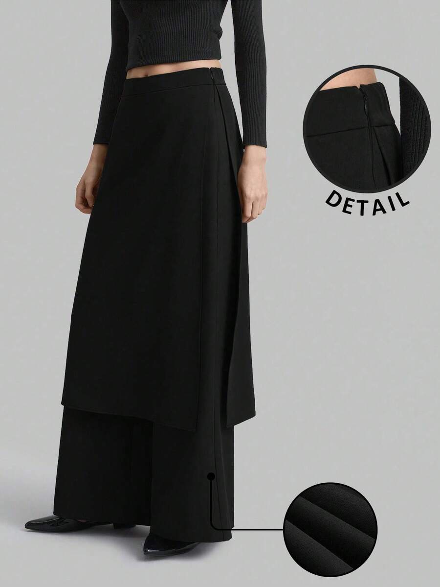 SHEIN X Scot Louie Ontre 2026春夏斯德哥尔摩风格，女教师套装，女装，2025高腰侧拉链解构两件套裤，黑色休闲裤，日常穿着，女教师商务休闲装 - 黑色 - 查看 1