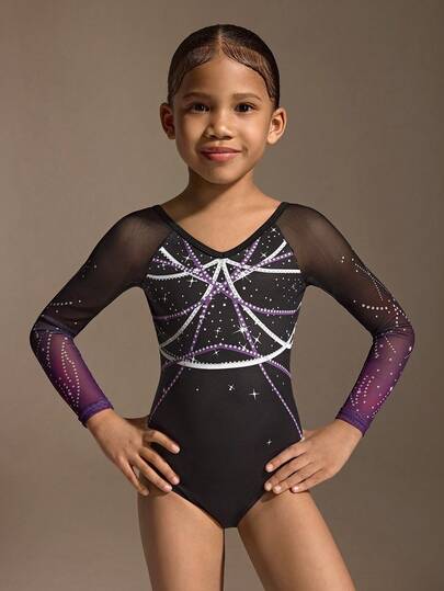 Young Girls' Gymnastics Leotard, Professional Sports Gymnastics & Dance Bodysuit, High Elasticity Breathable Purple Sparkling Pattern With Rhinestones