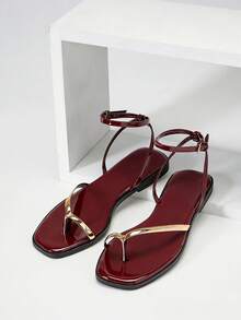 SHUZIA #UrbanLuxe 女士电镀金 TPU 绑带酒红色踝带环趾平底凉鞋 – 优雅、简约、奢华的日常风格。 - 酒紅色 - 查看 7