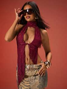 Denimoi Top halter asimétrico con espalda descubierta de encaje, tops sexy para salir de noche, atuendos de club y conciertos - Burdeos - Ver 5