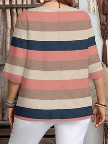 EMERY ROSE Blusa casual de mujer con cuello con muesca y mangas 3/4 con estampado de rayas - Multicolor - Ver 2