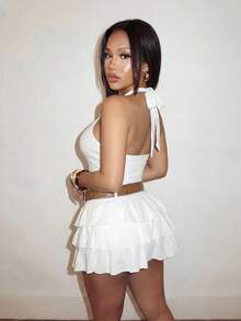 Slaydiva 优雅休闲U领修身伞裙，女士白色短款连衣裙（不含腰带） - A - 白色 - 查看 2