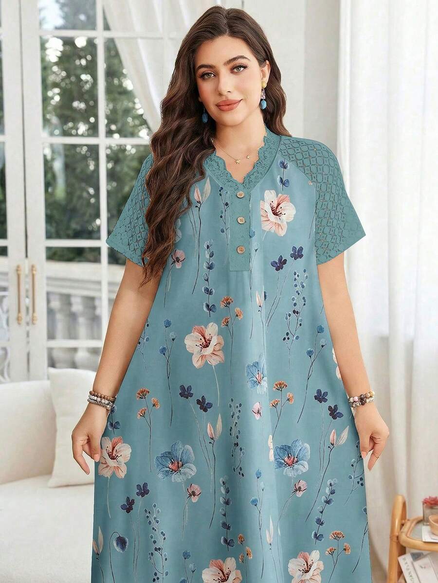 Lacomfia Vestido elegante de talla grande con estampado floral y encaje en contraste, para verano - Verde - Ver 1