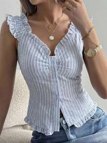 DAZY Women's Ruffled Striped Sleeveless Top, Fresh And Youthful For Summer Vacation Cruise For Women - Blue - View 3