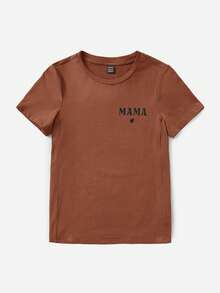 SHEIN Áo thun bầu in chữ kiểu dáng thường ngày, thích hợp cho mùa hè. - màu nâu - Xem 4