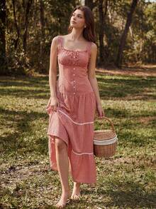 Sweetness French Countryside Romantic Fitted Sleeveless Red & White Plaid Dress - Red - View 1