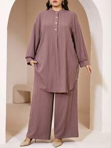 Veilorie Plus Size Elegant Commuter Solid Color Shirt & Pants 2 Pieces Set - Dusty Pink - View 5