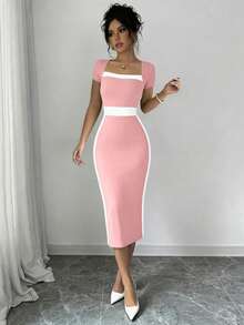 Elenzga Color Block Fitted Square Neck Dress For Women - Baby Pink - View 3