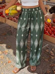 Dripcurv Plus Size Summer Casual Vacation Bohemian Style Geometric Print Pants - Green - View 1