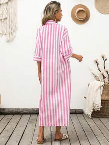 Breezaya 女士优雅休闲波西米亚简约翻领落肩宽松长款条纹休闲衬衫裙，夏季 - 淺粉色 - 查看 2