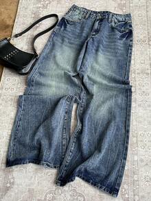 Comfortcana Quần jeans ống loe có túi và khóa kéo dành cho nữ, thích hợp mặc hàng ngày. - Rửa tối - Xem 1