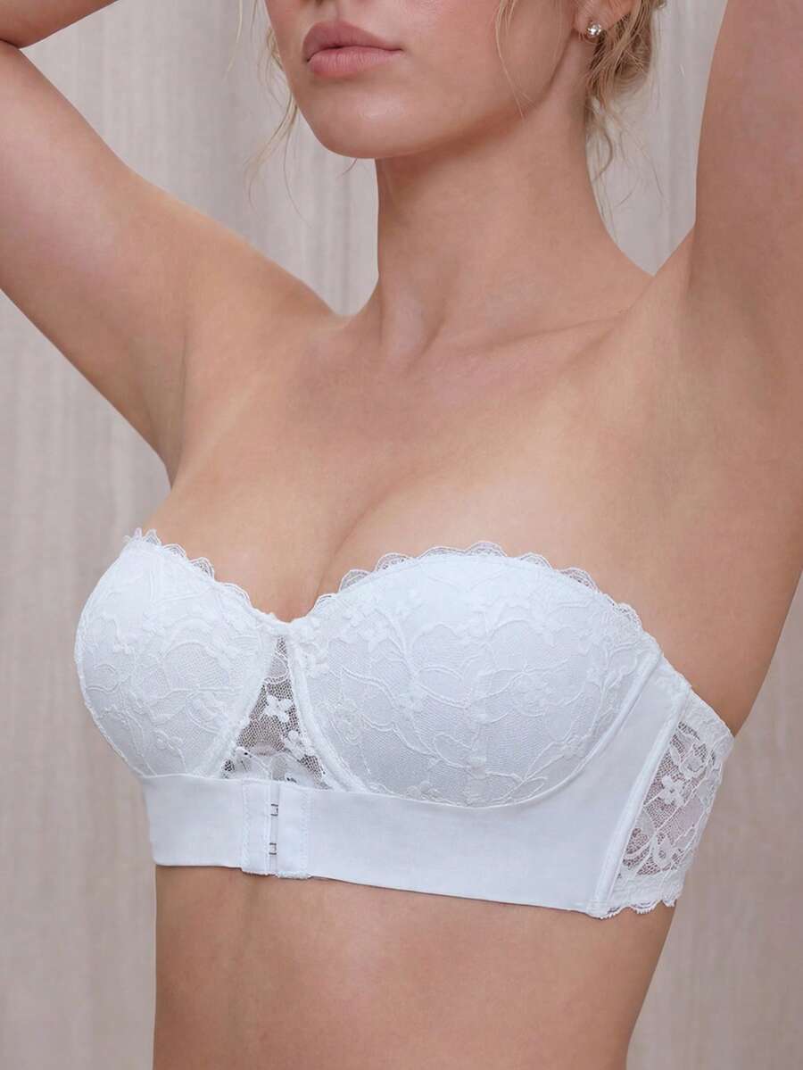 Áo lót ren không dây có gọng đệm, áo ngực nâng ngực không tay cho người ngực nhỏ - trắng - Xem 1