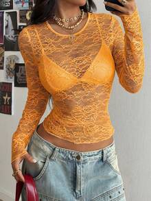 StreetHx Women's Black Lace Blouse - Orange - View 1