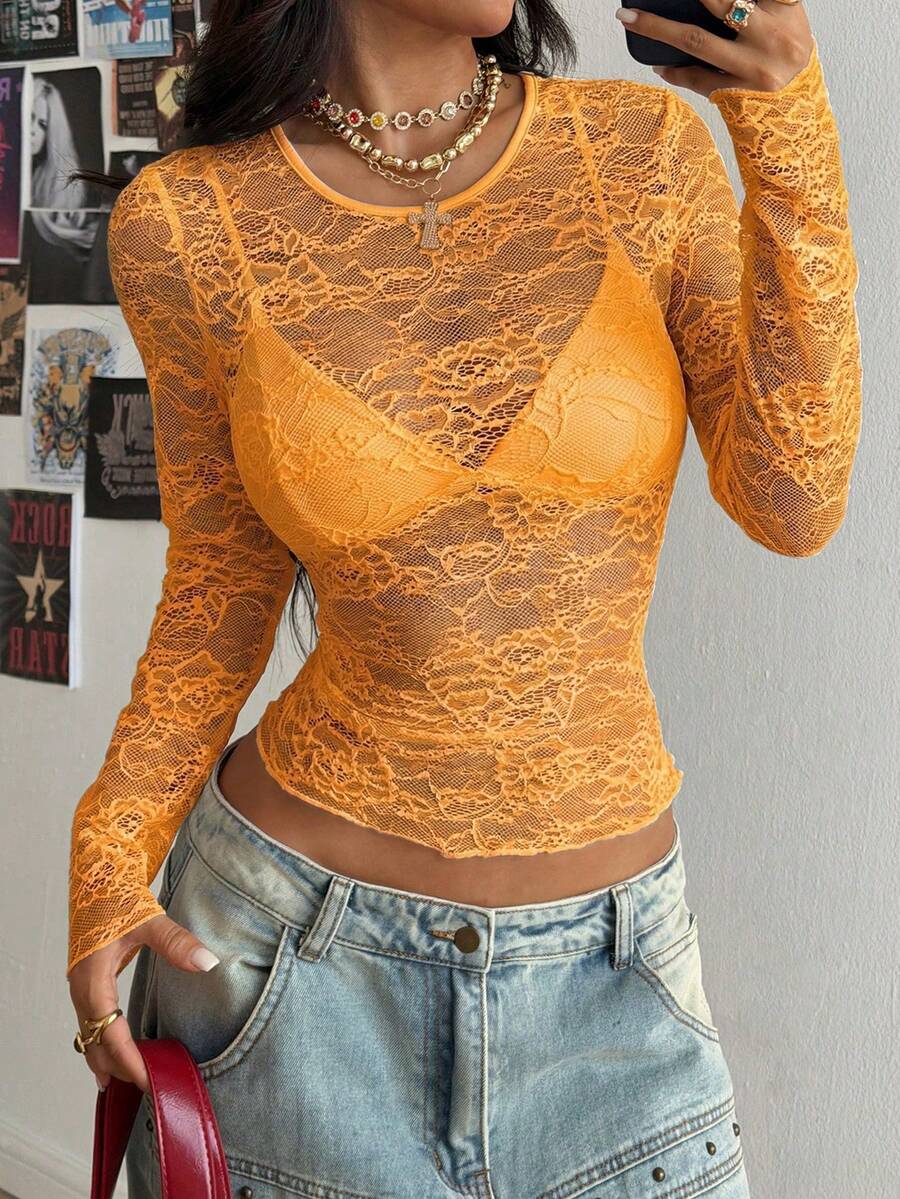 StreetHx Women's Black Lace Blouse - Orange - View 1