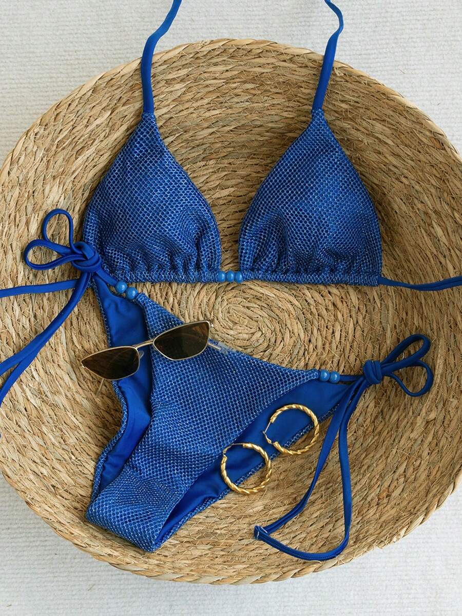 Swim Vcay 2026春夏两件套女士纯色性感豹纹随机印花细肩带露背侧系带比基尼套装 - 藍色 - 查看 1