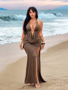 Rustia Plus Size Women's Sexy Summer Vacation Halter Top And Slit Skirt 2 Pieces Set - Brown - View 3