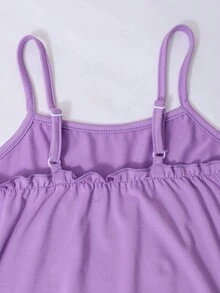SHEIN ChillGRL 青少年女孩圖案字母印花兩件套，紫色夏季牛仔風粉色短版短袖T恤+緊身短褲，運動休閒彈性套裝 - 紫色 - 查看 5