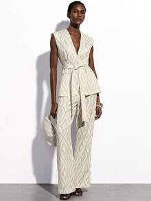 Aveloria Modichic Bộ vest nữ tối giản, thanh lịch, chất lượng cao, tiện dụng hàng ngày, mang phong cách cổ điển, sang trọng, không tay, in họa tiết hình thoi nghệ thuật, kèm thắt lưng và quần ống đứng. - Màu Khaki - Xem 1