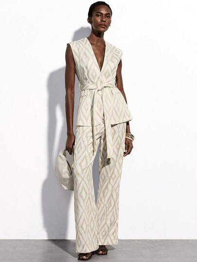 Aveloria Modichic Minimalist Elegant Quality Women's Commuting Daily Practical Vintage Luxury High-End Rhombus Artistic Print Sleeveless Blazer Vest With Belt And Straight Leg Suit Pants Set