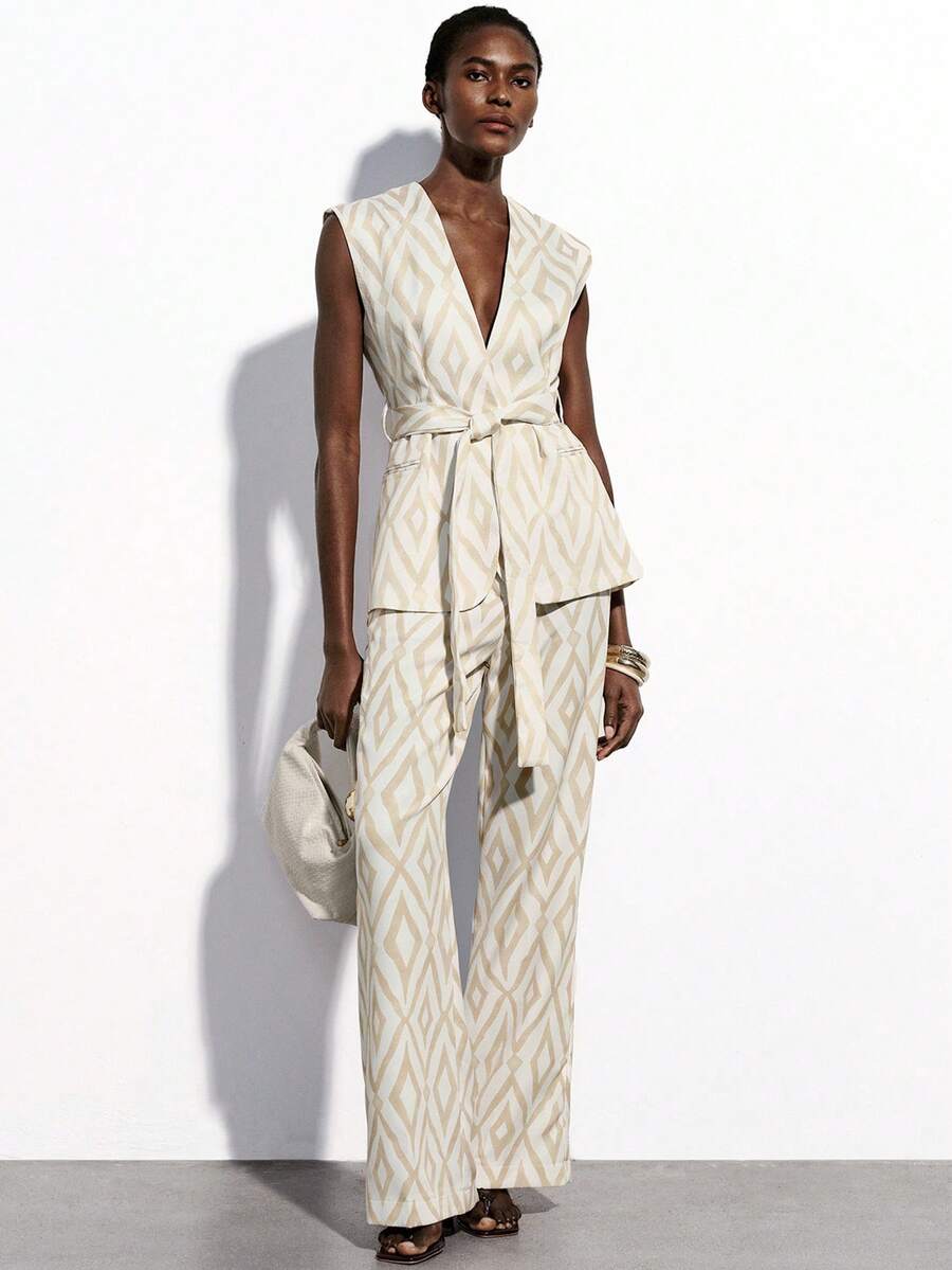 Aveloria Modichic Bộ vest nữ tối giản, thanh lịch, chất lượng cao, tiện dụng hàng ngày, mang phong cách cổ điển, sang trọng, không tay, in họa tiết hình thoi nghệ thuật, kèm thắt lưng và quần ống đứng. - Màu Khaki - Xem 1