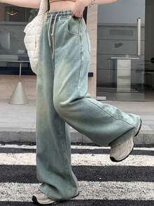 Dazy Tall Quần jeans nữ ống đứng dáng rộng, cạp chun, có dây rút, kiểu dáng thường ngày. - Rửa nhẹ - Xem 5