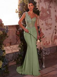 Glamrae Chân váy đuôi cá xếp ly co giãn, sang trọng, đính cườm và sequin họa tiết hoa, thích hợp cho đám cưới, tiệc tùng, kỳ nghỉ, dạ hội và các dịp trang trọng (đính kèm nhiều chi tiết). - màu xanh lá - Xem 5