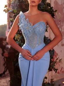 Glamrae Chân váy đuôi cá xếp ly co giãn, sang trọng, đính cườm và sequin họa tiết hoa, thích hợp cho đám cưới, tiệc tùng, kỳ nghỉ, dạ hội, trang phục trang trọng (được trang trí cầu kỳ). - Màu xanh lam - Xem 4