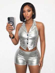 BamGleam 女士银色单排扣修身时尚背心 - 銀色 - 查看 3