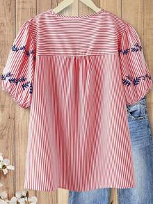 Franclia Multicolor Notched Neck Casual Plus Size Blouse With Half Puff Sleeves Regular Length Striped Woven Fabric Floral Random Print - Multicolor - View 2