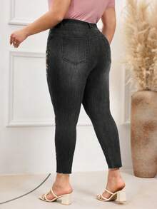 EMERY ROSE Mature Denim Plus-Size Women's Autumn/Winter Embroidered Retro Washed Denim Jeans - Dark Grey - View 2