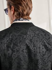 1pc Men's Classic Baseball Jacket With Zipper Closure, Ribbed Collar/Cuffs/Hem, Suitable For Various Body Types, Fabric With Subtle Vintage Patterning On Black Background - Black - View 4