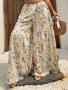 Dazy Plus Women's Lightweight Ditsy Floral Loose Wide Leg Pajama Pants, Elegant Plus Size Home Wear For Spring & Summer - Apricot - View 7