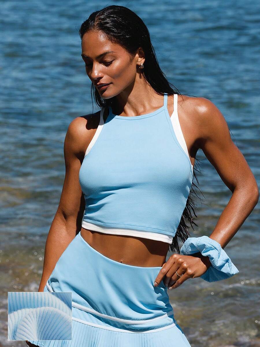 GLOWMODE 匹马棉罗纹亮面紧身两件套腰部长度无袖露脐吊带上衣，适合假日、度假、夏季日常休闲穿着 - 藍色 - 查看 1