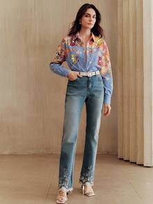 Anewsta Blusa de mujer con estampado de pintura al óleo con rayas azules y blancas, estilo de vacaciones románticas, decorada a mano con cuentas y lentejuelas con diseño floral - Azul - Ver 4