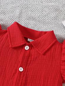 SHEIN 2pcs/Set Baby Girl Spring&Summer Casual Style,Pure Cotton Top &Heart-Shape Embroidery Long Pants Denim Set - Red - View 3