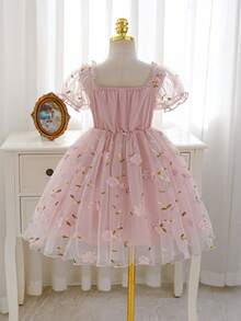 SHEIN Glamorique Kids 年轻女孩优雅迷人粉色可爱泡泡袖收腰奢华双层刺绣网纱蓬蓬裙 - 粉色 - 查看 2