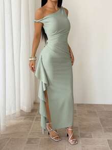 SHEIN PETITE Đầm phù dâu mùa xuân & hè, đầm dự tiệc lệch vai thắt nút xoắn không dây đeo vai gợi cảm xếp ly xẻ cao bèo nhún, đầm lệch vai bèo nhún thanh lịch màu xanh lá cây nhạt - màu xanh lá - Xem 4