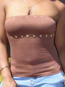 Steph T 女士棕色街头风 Y2K 短款上衣，朋克摇滚明星图案修身背心，秋冬款 - 棕色 - 查看 5