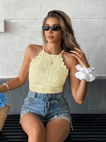 Serisse Vacation Casual Solid Color Lace Trim Halter Crop Top - Pale Yellow - View 6