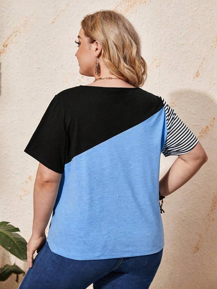Plus Size Striped & Colorblock Print Round Neck Casual Short Sleeve T-Shirt Women Plus Size Tops Women's Tops For Summer Summer Dress Summer Outfits For Women Spring Clothing Spring Outfit Beach Outfits For Women Vacation Outfits Women Summer Holiday Outfits Country Style For Women Summer Tops