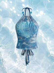 ROMWE Avant 度假贝壳和海螺印花水钻装饰修身女士吊带背心 - 藍色 - 查看 5